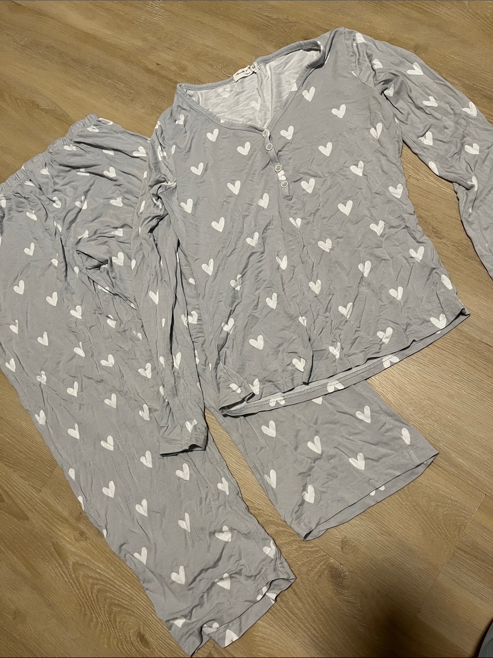 Bambi & Birdie Ladies Sleep Set Long Sleeves Grey Hearts Medium